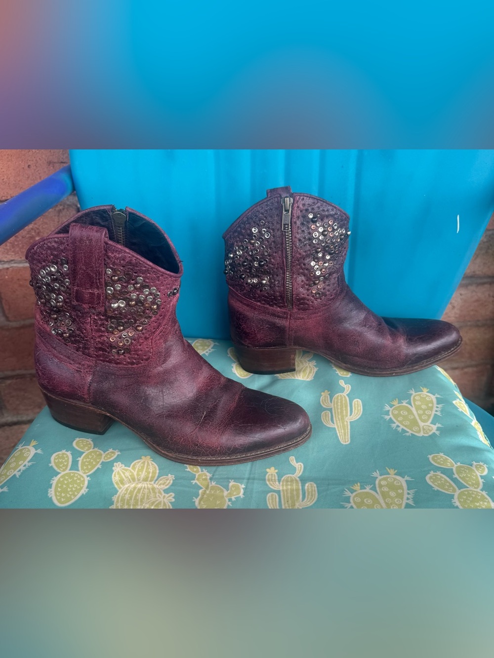 Frye Deborah Studded Distressed Ankle Boots Spanish Leather multi Colored Studs